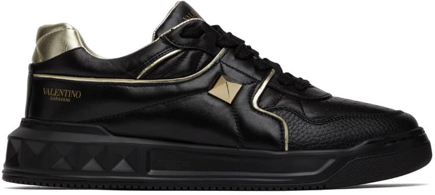 Valentino Garavani Black & Gold One Stud Low-Top Sneakers